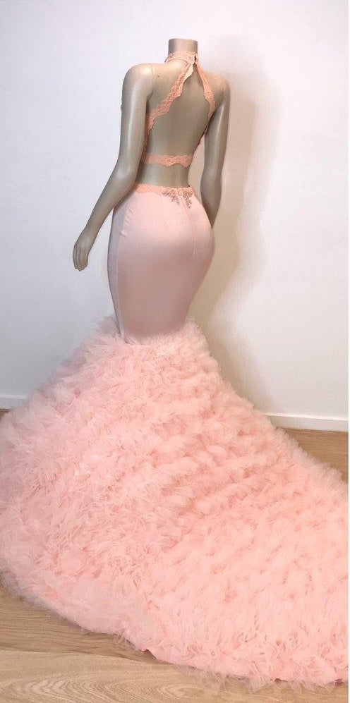 Long Halter Sleeveless Open Back Lace Tulle Mermaid Prom Dress