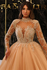 Long Sleeves High Neck Tulle Ball Gown Prom Dress with Ruffles