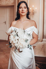 Elegant White Long Mermaid Off the Shoulder Satin High Split Wedding Dress with Court Train