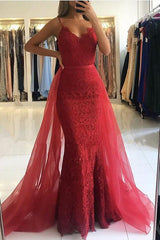 Long V-neck Lace Floor Length Mermaid Prom Dress With Tulle Train