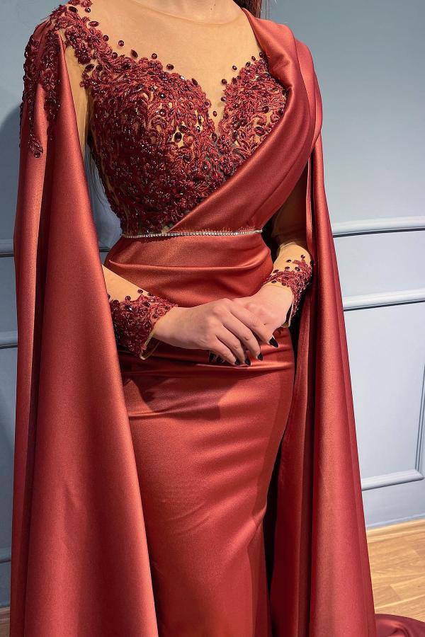 Long Sleeves Mermaid Ruched Satin Beads Formal Evening Dress with Cape