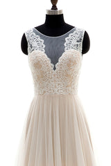 Long A-line Lace Tulle Floor Length Wedding Dress