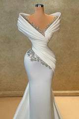 Long Off The Shoulder Satin Floor Length Mermaid Prom Dress with Beads