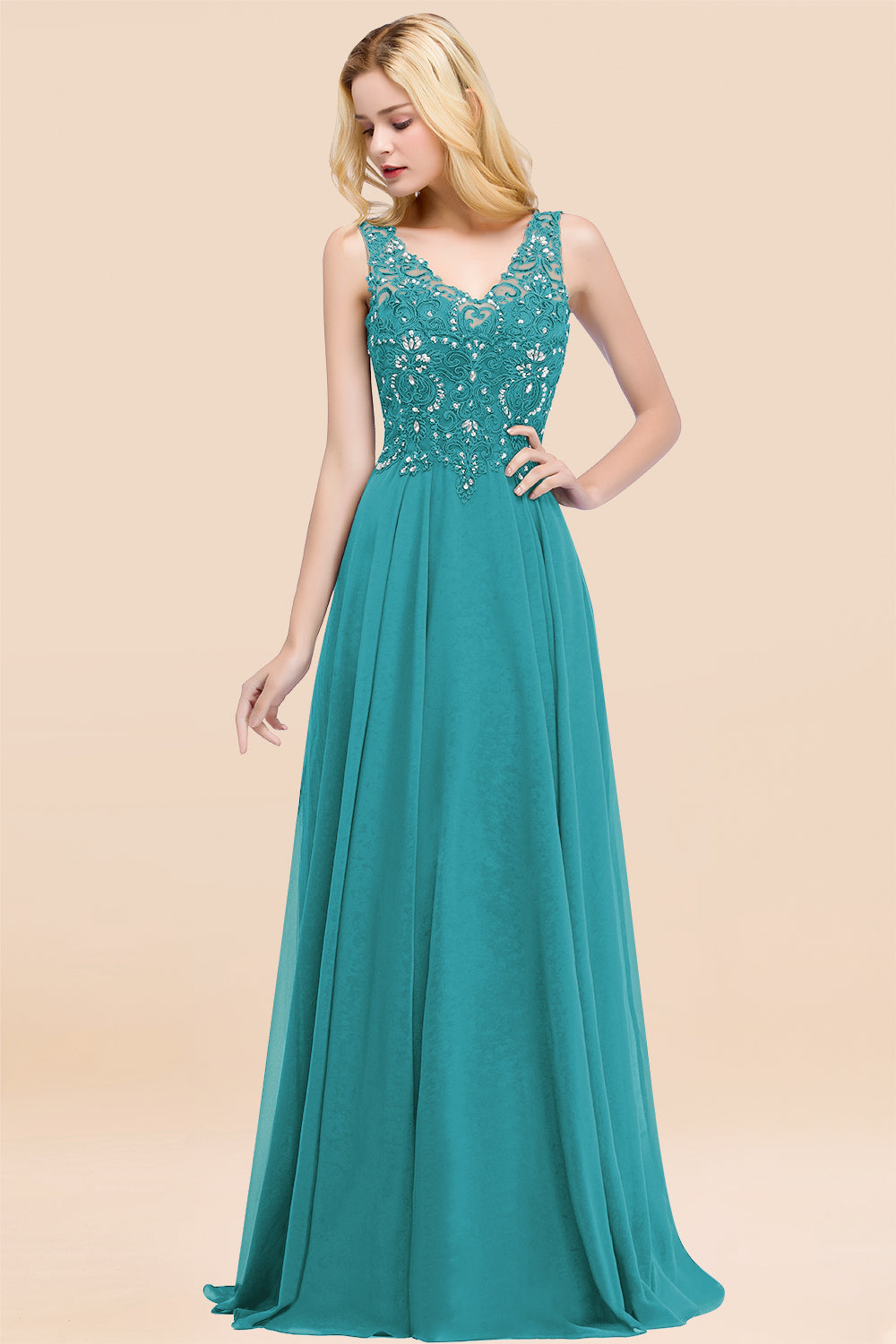 Dusty Rose Lace V-Neck Long Bridesmaid Dresses With Appliques