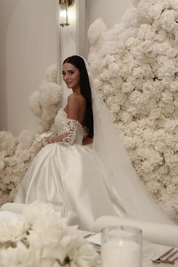 Gorgeous Long Off the Shoulder Lace Satin Wedding Dresses with Sleeves
