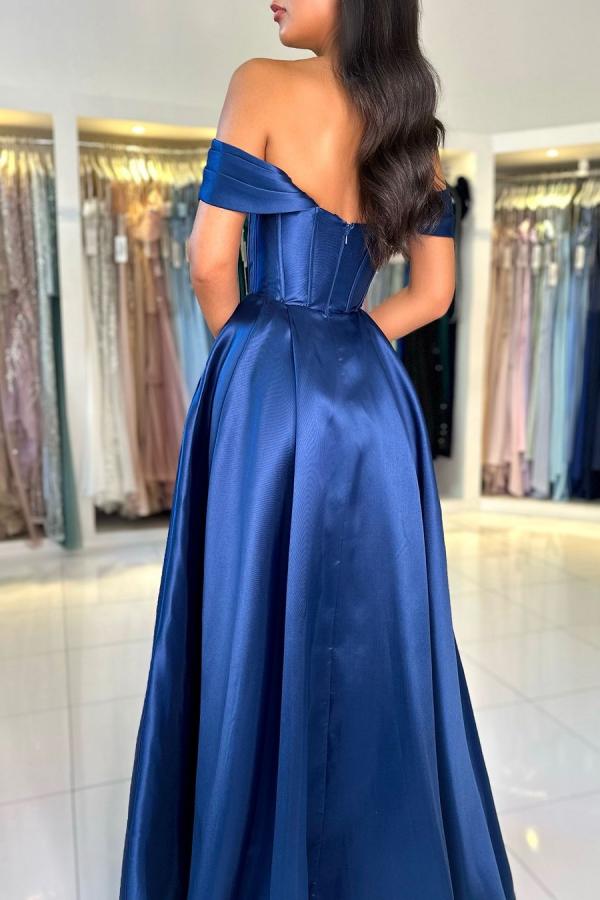 Long A-line Off The Shoulder Open Back Satin Floor Length Prom Dress