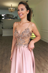 Long A-line V-neck Spaghetti Straps Appliques Satin Prom Dress