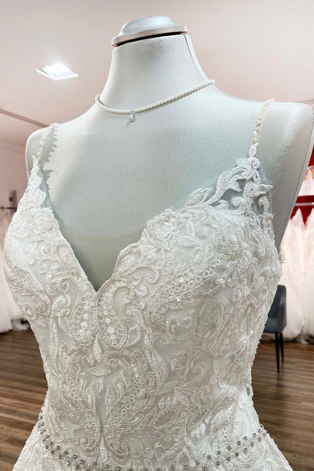 Long A-line V-neck Spaghetti Straps Ruffles Backless Wedding Dress with Lace