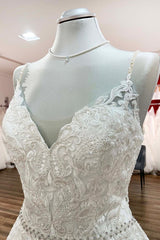Long A-line V-neck Spaghetti Straps Ruffles Backless Wedding Dress with Lace