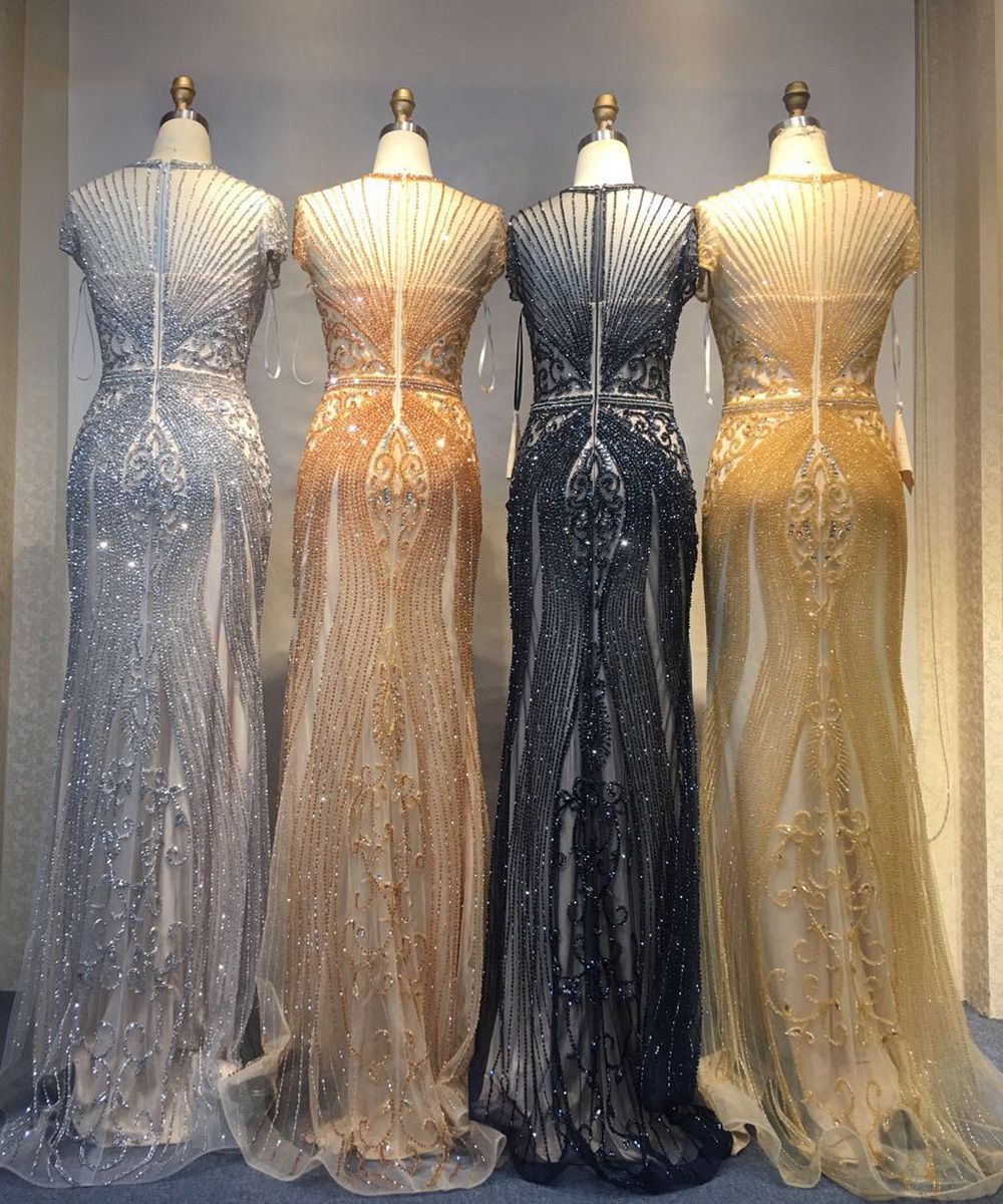 Long Mermaid Jewel Satin Beads Formal Evening Dresses