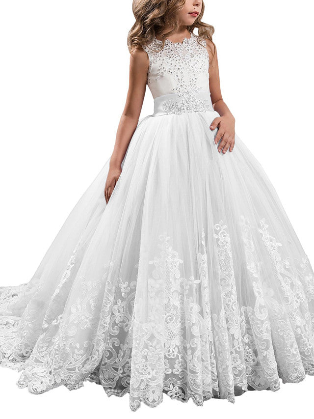 Long Ball Gown Tulle Lace Jewel Neck Pageant Flower Girl Dresses With Bow(S)