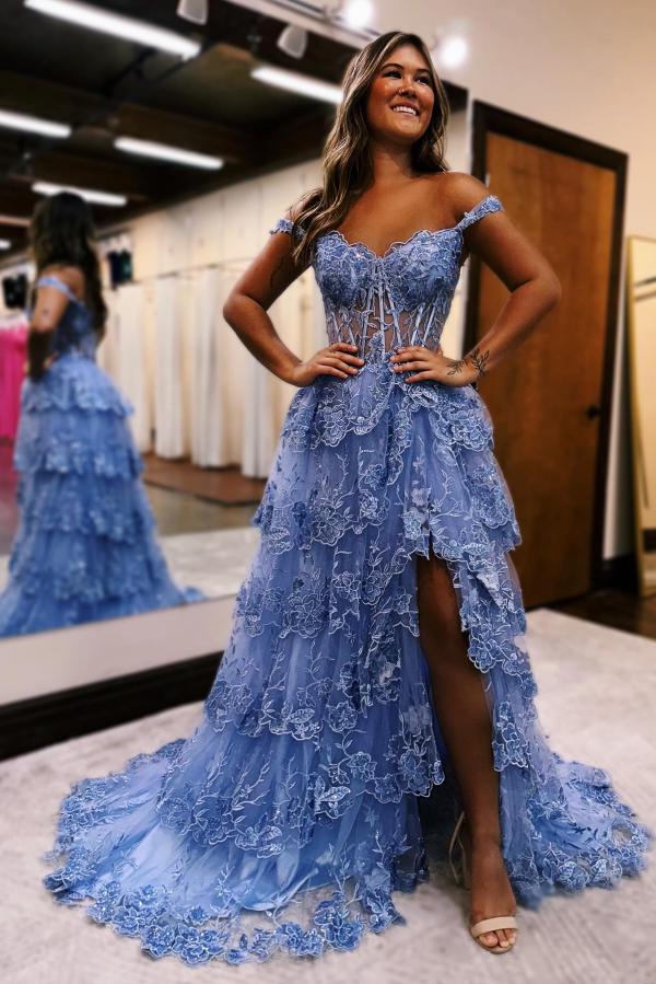 Long A-line Off the Shoulder Tulle Lace Prom Dresses with Slit