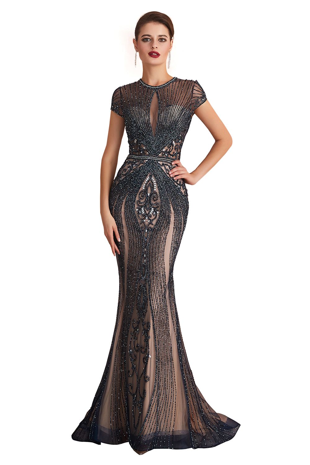 Long Mermaid Jewel Tulle Bread Evening Formal Dresses