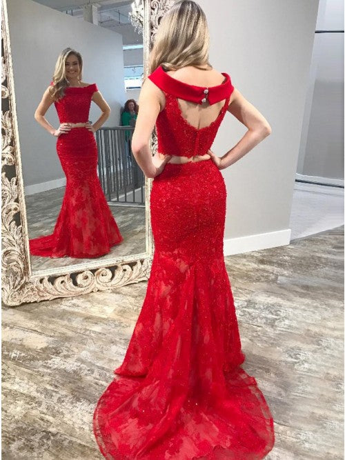 Two Piece Long Off the Shoulder Backless Lace Floor Length Mermaid Prom Dress