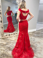 Two Piece Long Off the Shoulder Backless Lace Floor Length Mermaid Prom Dress