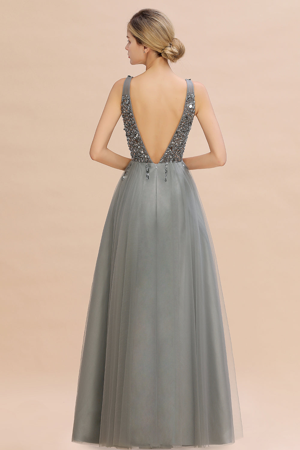 Long V-neck Tulle A-line Chiffon Beaded Formal Evneing Dress