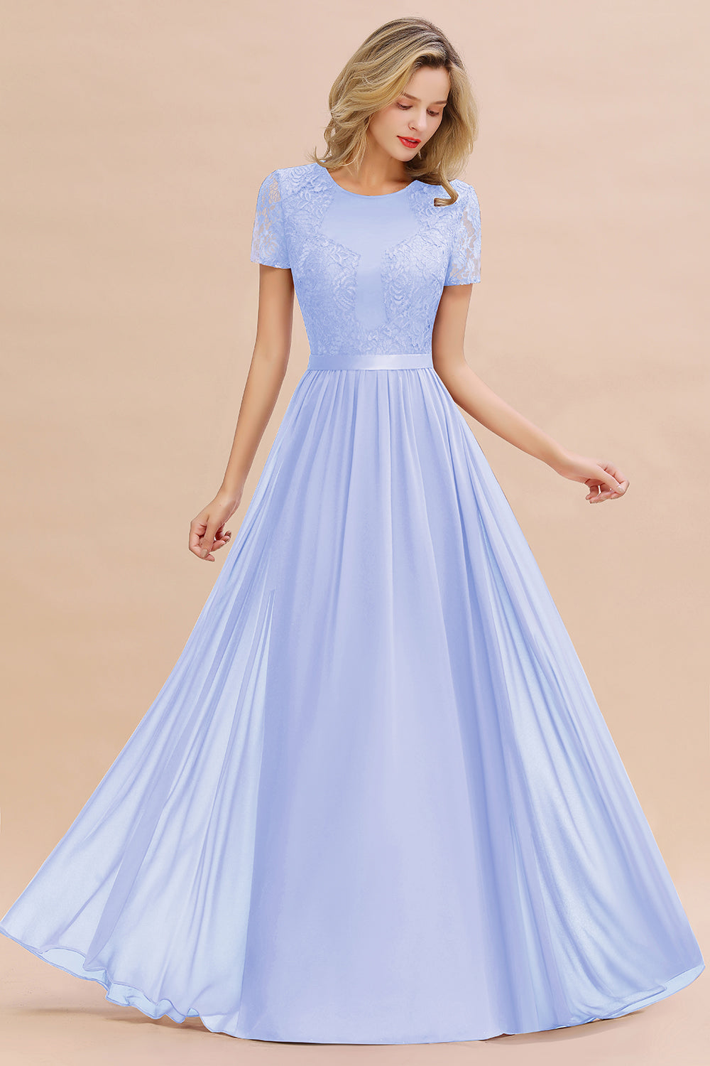 Chiffon Lace Scoop Short Sleeve Bridesmaid Dress