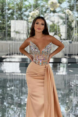 Long Mermaid V-neck Sleeveless Satin Formal Prom Dresses with Sweep Train