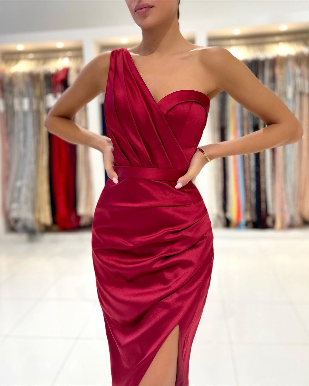 Short Mermaid One Shoulder Stretch Satin Party Dress with slit
