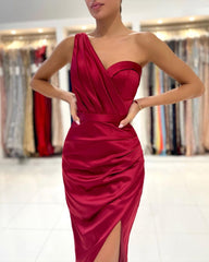 Short Mermaid One Shoulder Stretch Satin Party Dress with slit