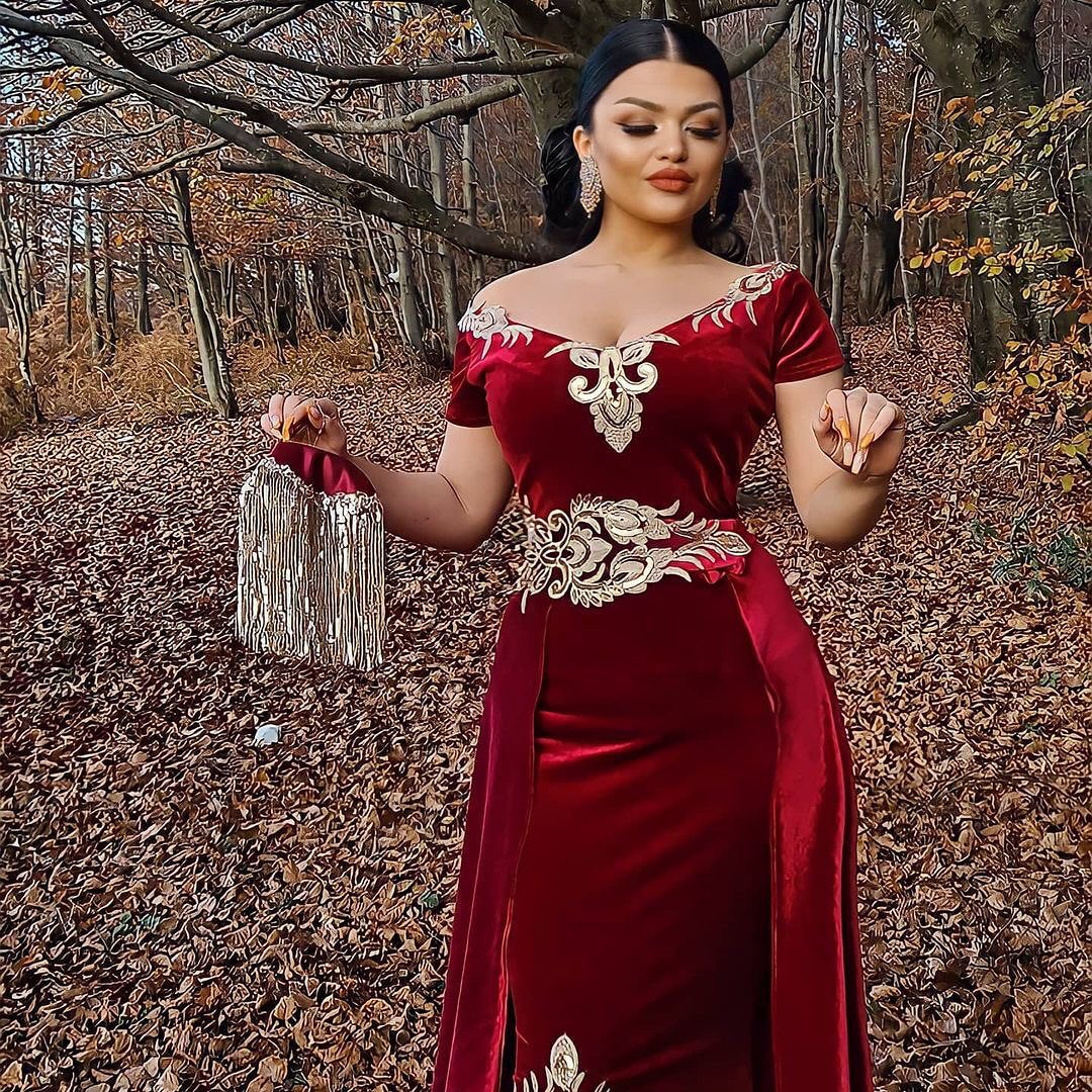 Long Mermaid Off the Shoulder Velvet Side Slit Formal Evening Dress with Detachable Train