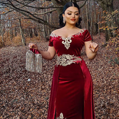 Long Mermaid Off the Shoulder Velvet Side Slit Formal Evening Dress with Detachable Train