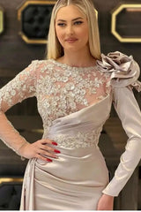 Long Mermaid Satin Lace Evening Formal Prom Dresses with Sleeves