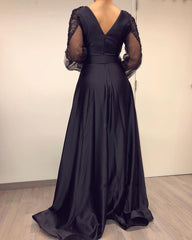 Black A-line Floor Length V-neck Long Sleeve Backless Satin Beading Prom Dress With Slit