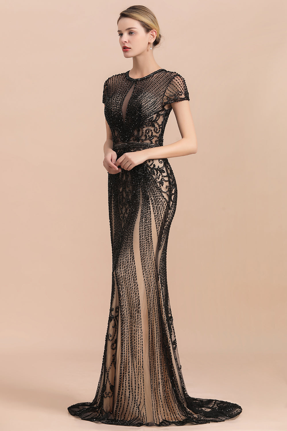 Luxury Black Long Mermaid Tulle Beaded Formal Evening Dresses