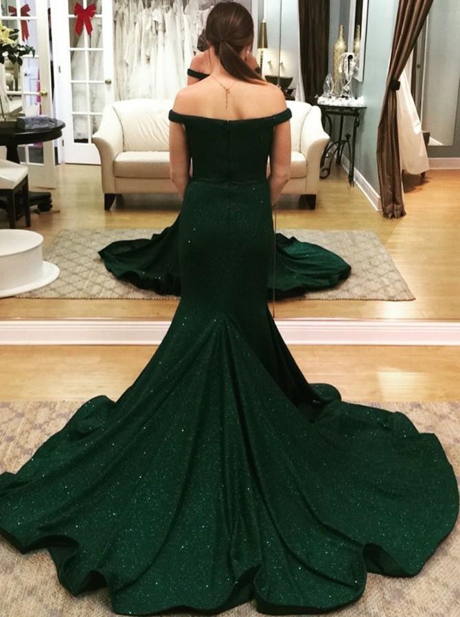 Dark Green Long Off the Shoulder Floor Length Mermaid Prom Dress
