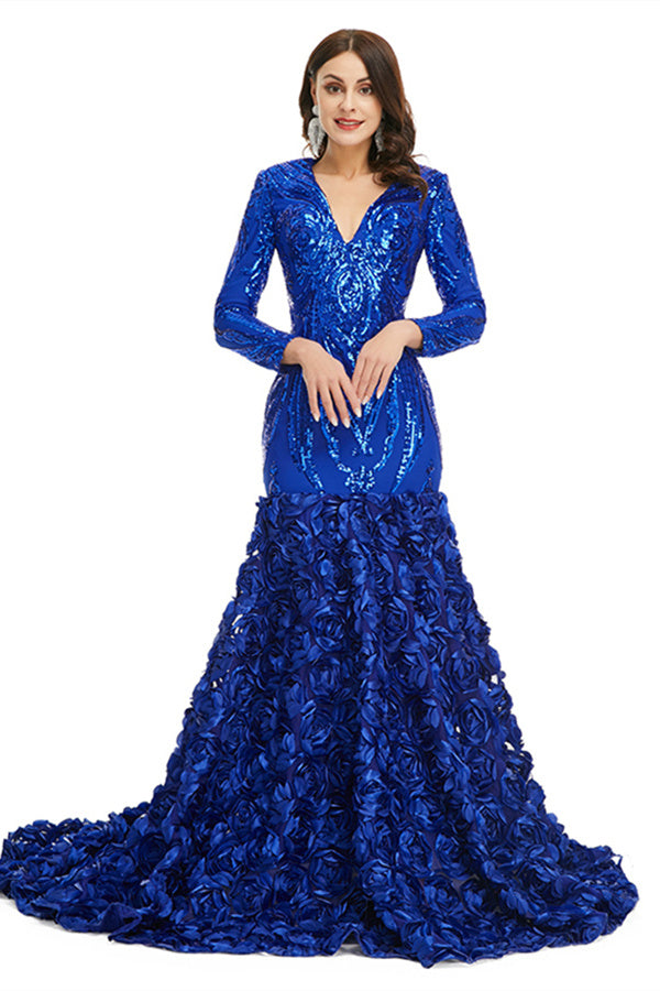 Charming Long Mermaid V-neck Satin Lace Formal Dress with Sleeves