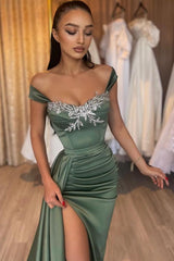 Long Mermaid Sweetheart Satin Lace Formal Prom Dresses with Slit