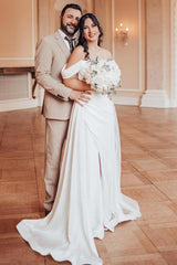 Elegant White Long Mermaid Off the Shoulder Satin High Split Wedding Dress with Court Train