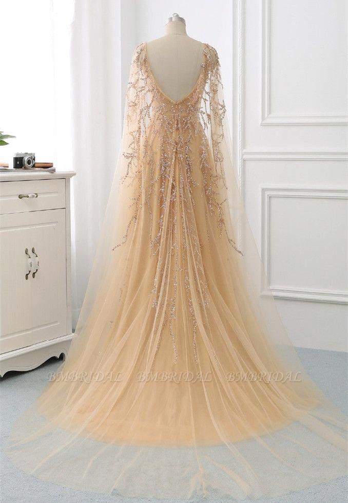 Long Sleeves Backless A-Line Tulle Beading Formal Evening Dress