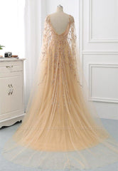 Long Sleeves Backless A-Line Tulle Beading Formal Evening Dress