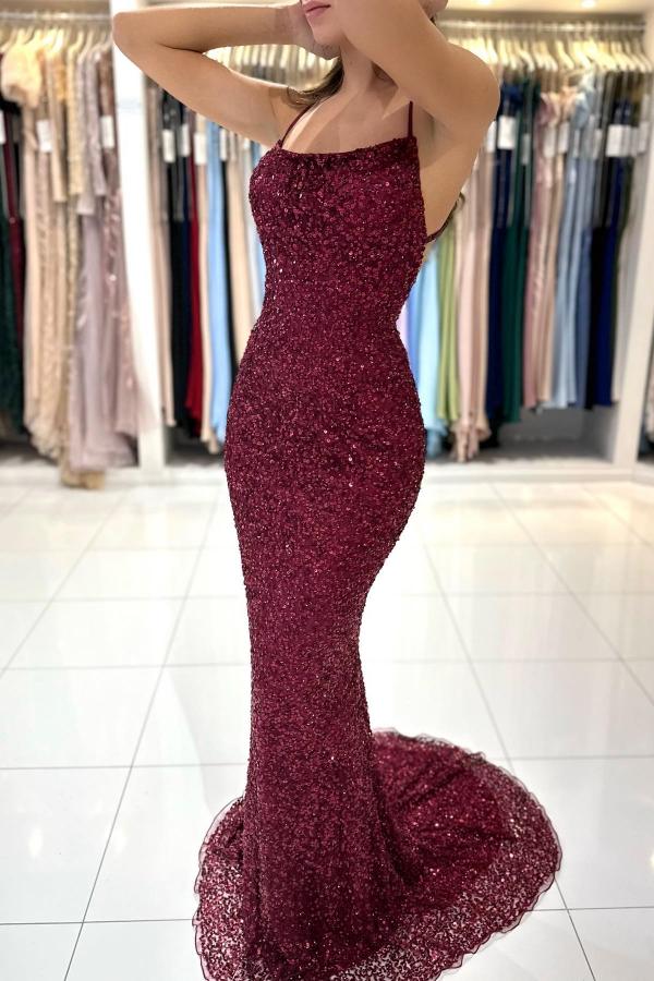 Sexy Long Mermaid Spaghetti Straps Sequined Backless Prom Dress