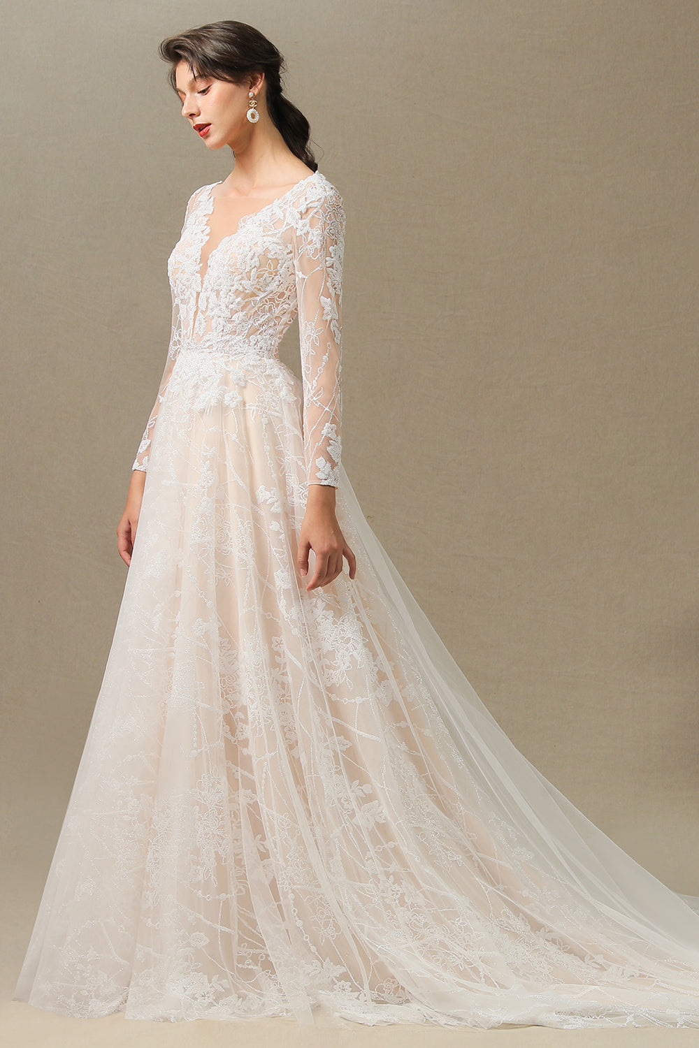 Long A-line V-neck Tulle Lace Wedding Dress with Sleeves