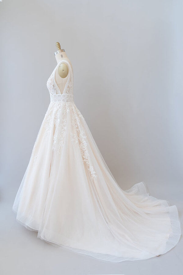 Elegant Long V-neck Appliques Lace Tulle A-line Wedding Dress