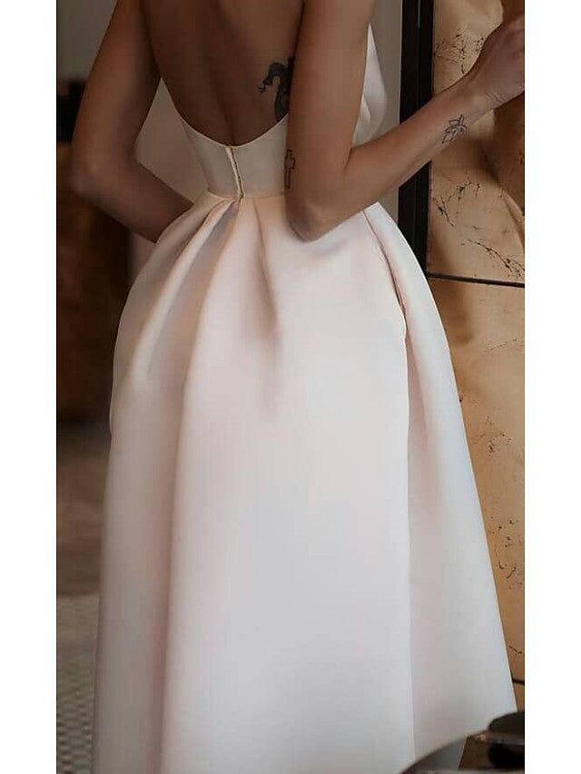 A-Line Jewel Neck Ankle Length Satin Spaghetti Strap Wedding Dresses with Pockets