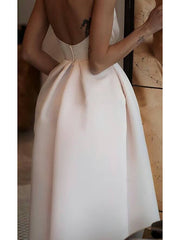 A-Line Jewel Neck Ankle Length Satin Spaghetti Strap Wedding Dresses with Pockets