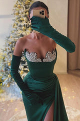 Dark Green Long Strapless Satin Front Slit Mermaid Prom Dress with Gloves