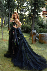 Long Black A-line Sweetheart Tulle High Split Wedding Dresses with Flowers