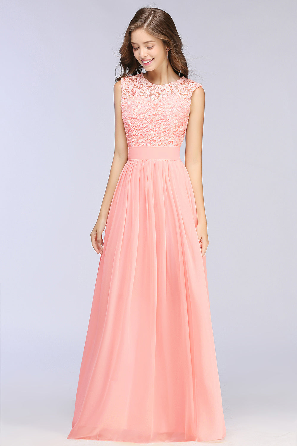 Long A-line Sleeveless Floor Length Lace Chiffon Bridesmaid Dresses