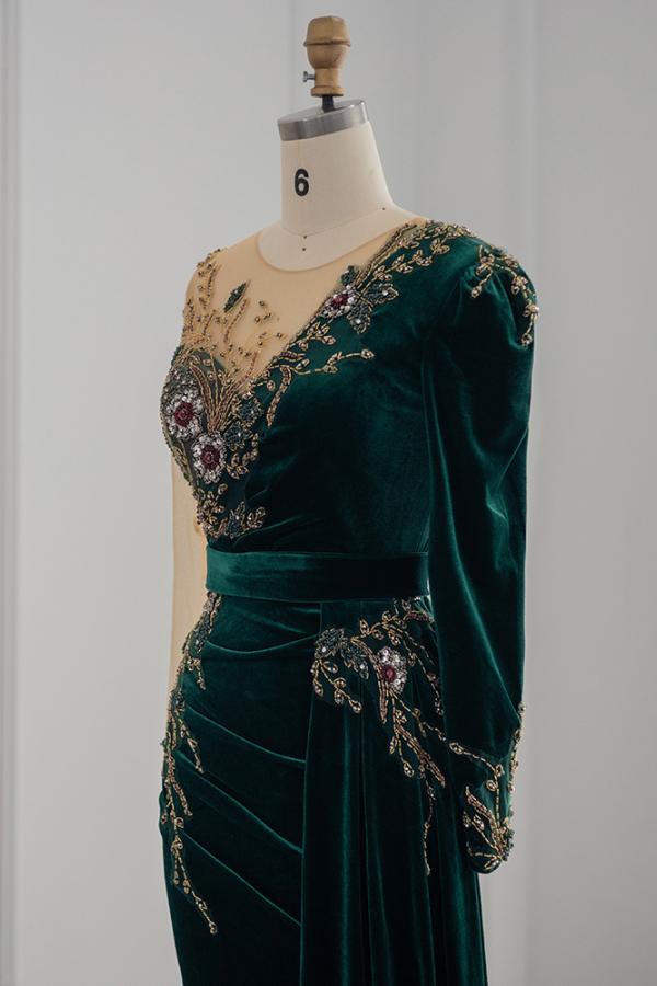 Dark Green Long Mermaid Velvet Tulle Formal Evening Dresses with Sleeves