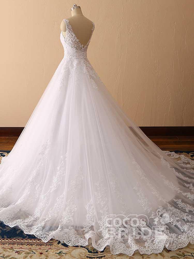 Gorgeous Long Ball Gown Tulle Lace V-Neck Backless Wedding Dresses