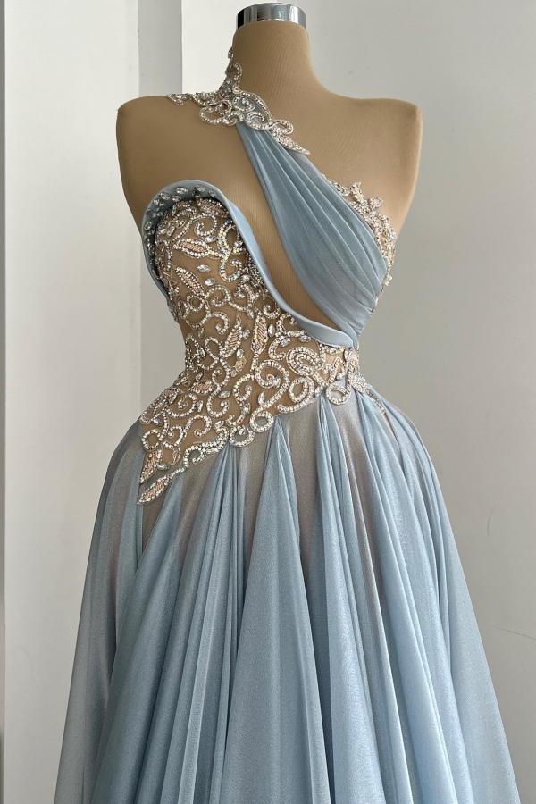 Dusty Blue A-Line One shoulder Satin Long Prom Dresses with Appliques Lace
