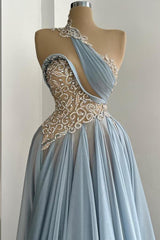 Dusty Blue A-Line One shoulder Satin Long Prom Dresses with Appliques Lace