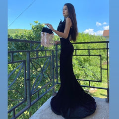 Sexy Black High Neck Appliques Lace Velvet Mermaid Formal Evening Dress With Slit