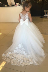 Puffy Long Jewel Sleeveless Appliques Flower Girl Dresses With Bow