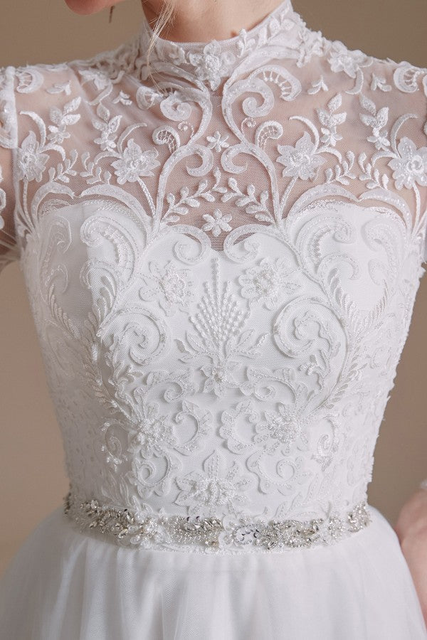 Modest A-line High Neck Long Sleeves Tulle Lace Wedding Dresses